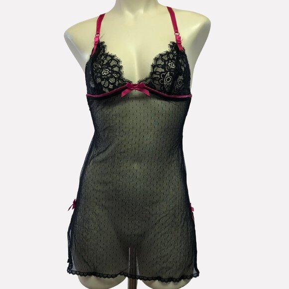 VICTORIA'S Secret Black & Pink Mesh Babydoll Chemise Size Small - Picture 1 of 9